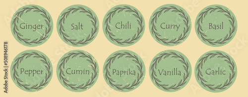 Pantry spice jar seasoning label sticker organizer set. For marking kitchen food containers with spices.