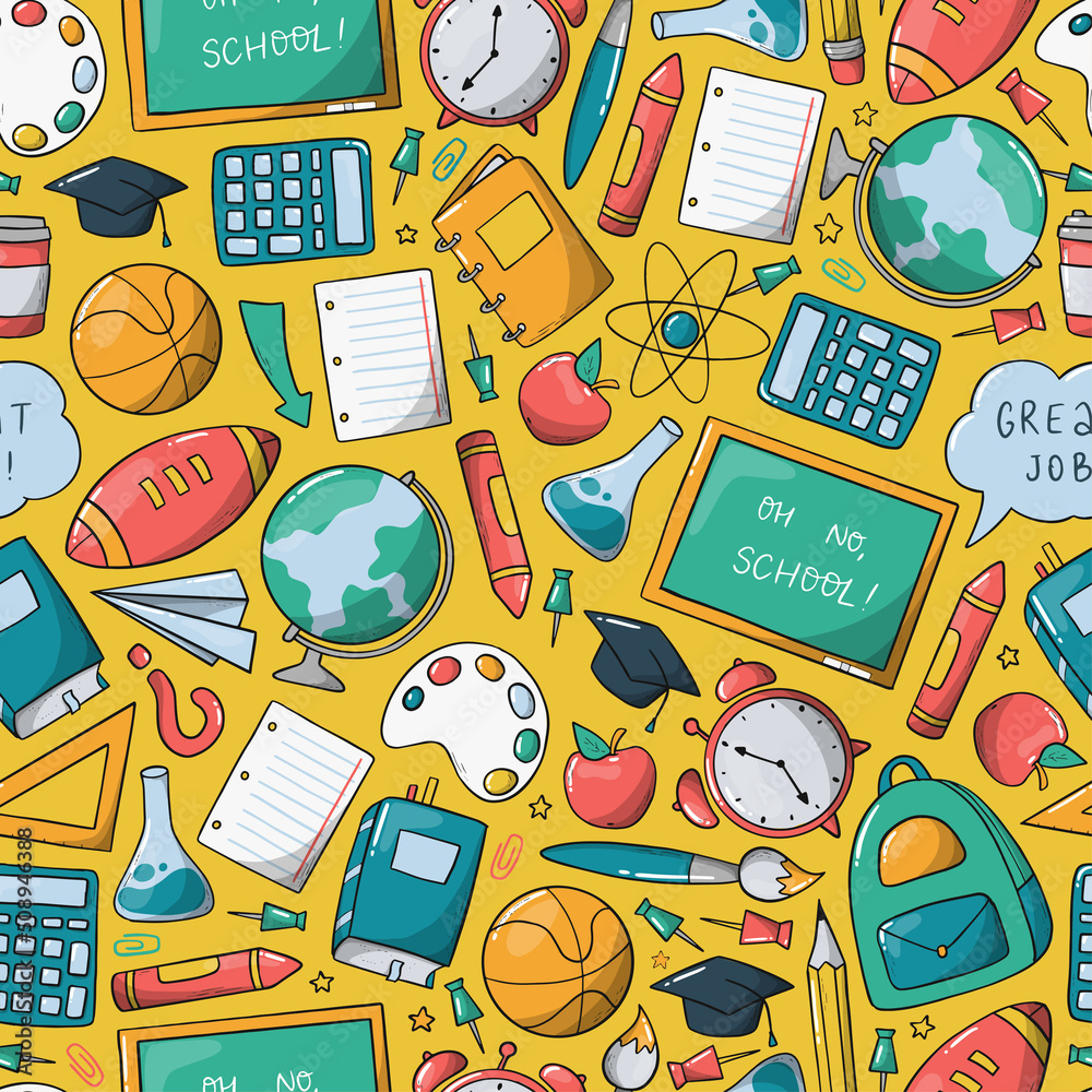School seamless pattern with doodles, school supplies, stationary. Good for wrapping paper, scrapbooking, stationary, wallpaper, kids textile, etc. EPS 10