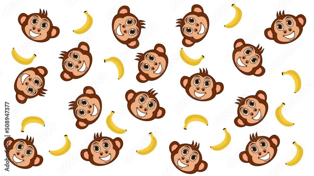 Several monkeys with bananas in random movements on a white and green background - animation Several monkeys with bananas in random movements on a white and green background - animation