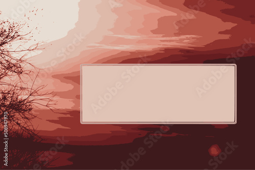 An example of a cover with copy space against a blazing sunset. Silhouettes of tree branches and a barely visible disk of the sun. Vector.