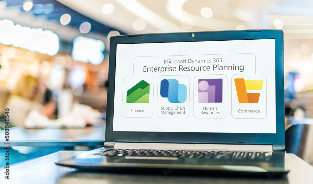 Laptop displaying icons of Microsoft Dynamics 365 ERP software Stock ...