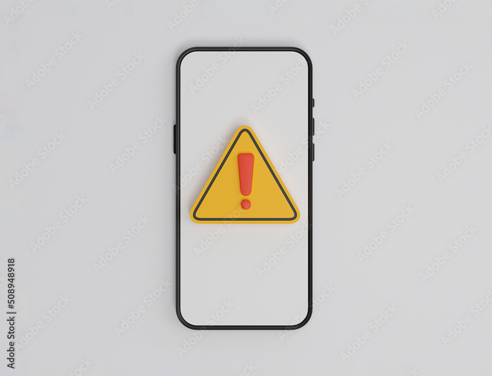 Isolate of smartphone with yellow triangle caution warning sing on white background for notification error and maintenance by 3d render illustration. Isolate of smartphone with yellow triangle caution warning sing on white background for notification error and maintenance by 3d render illustration.