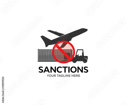 Embargo trade wars. Restriction on importation production, ban on export of dual-use goods to countries under sanction logo design. Forklift truck carries boxes and a red prohibition symbol NO vector 
