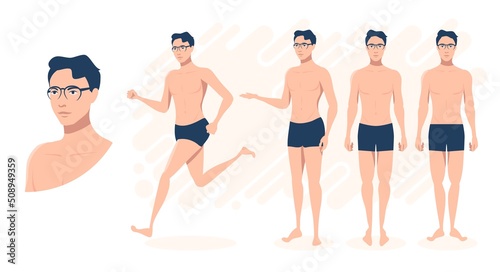 A man with glasses in swimming trunks, three poses.