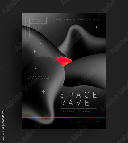 Rave or techno music party or concert flyer or poster design template with abstract black liquid geometric shapes. Vector illustration