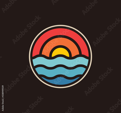 Circled sun above the sea summer logo or badge design template isolated on black background. Vector illustration