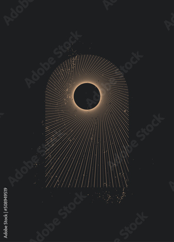 Abstract sun in arch doorway on black background decorative boho midcentury poster or card design template. Vector illustration