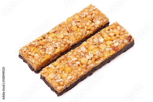 Tasty granola bars on white background. Cereal bar. Diet bars on a white background. 