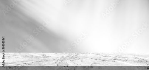 Empty marble stone floor and blurred shadow leaves well editing montage display products and text present on free space background 