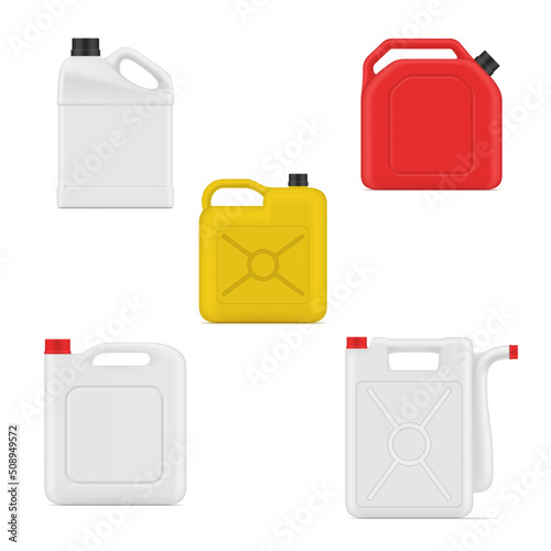 Collection canisters realistic vector containers handles cap for liquid products storage carrying