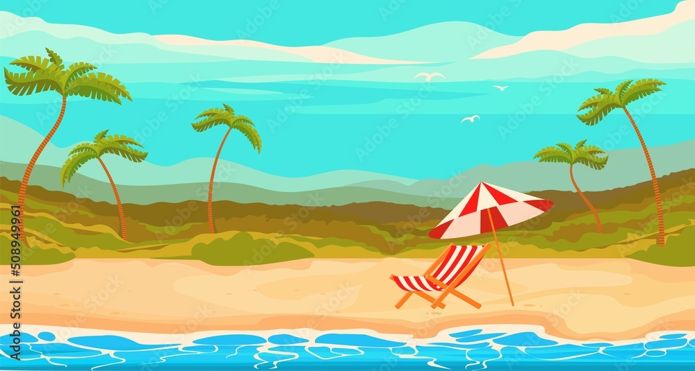 Tropical beach landscape with beach chaise longue and umbrella.