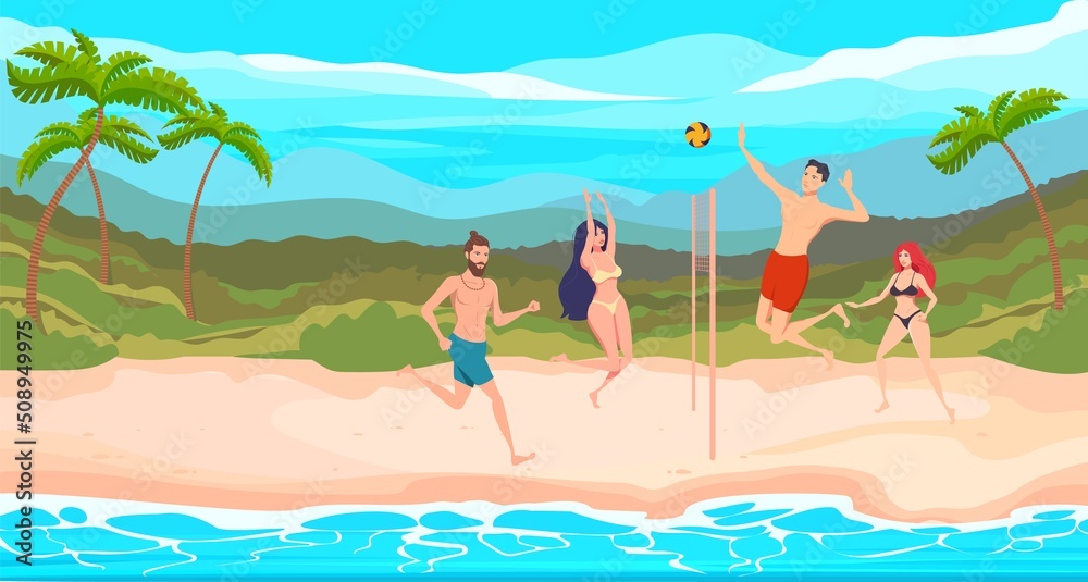Girls and boys play volleyball on a tropical beach.