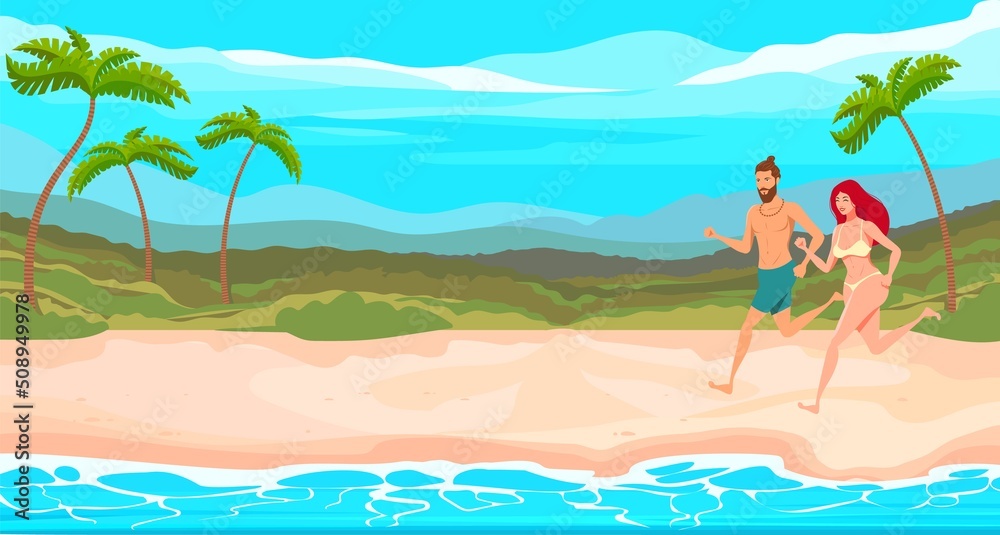 A guy and a girl are running along a tropical beach.