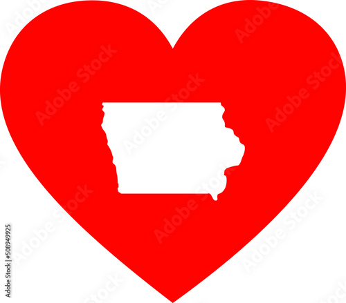 White Map of US federal state of Iowa inside red heart shape