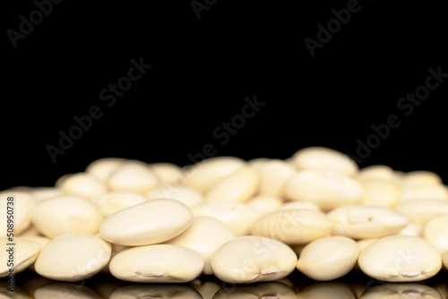 Uncooked white beans, close-up, isolated on black background.