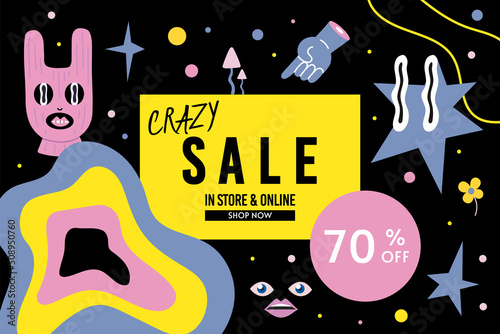 Crazy sale banner template design, cartoon style. Discount abstract promotion layout poster for web or social media, advertising, leaflets and flyers. Trendy modern vector illustration