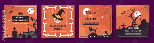 Happy Halloween social media post design template set. Autumn backgrounds with different scary elements. Vector illustration for greeting card, invitation, web banner advertising, poster