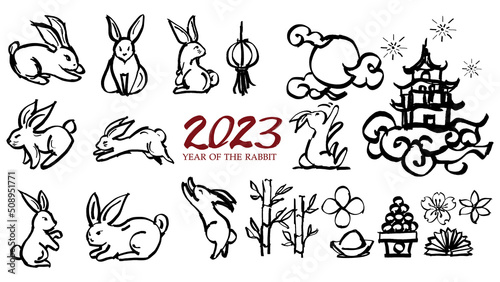 Year of the Rabbit 2023 ,Chinese brush strokes, rabbit and castle moon and offerings