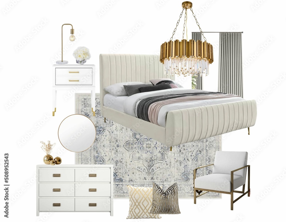 Interior design mood board of bedroom , Interior collage. Mood board