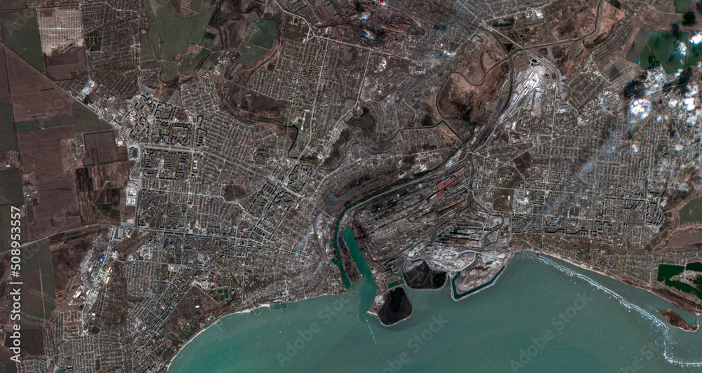 Satellite image of Mariupol, taken on March 29, 2022. Contains modified Copernicus Sentinel data (2022). - obrazy, fototapety, plakaty 
