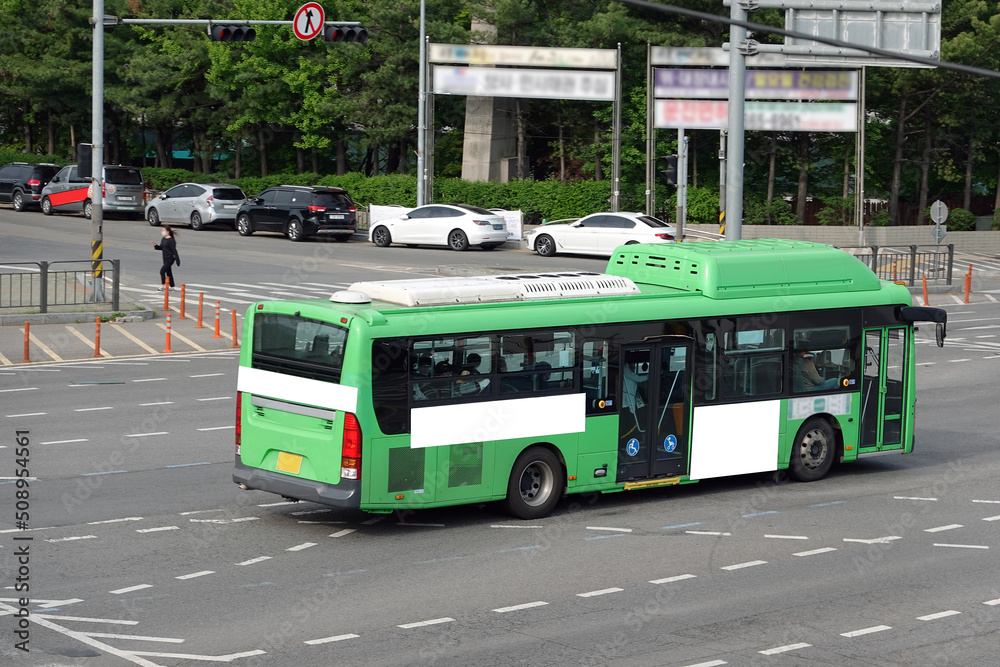 Bus on the road in Seoul, Bus billboards	