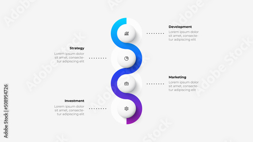 Infographic design template. Vertical timeline with 4 circle elements and thin dots line. Vector illustration for brochure, banner, annual report.
