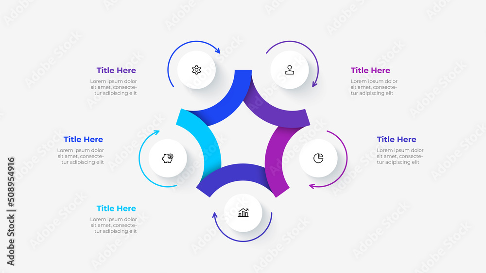 Cycle diagram divided into 5 segments. Concept of five options of business project infographic. Vector illustration for data analysis visualization. - obrazy, fototapety, plakaty 