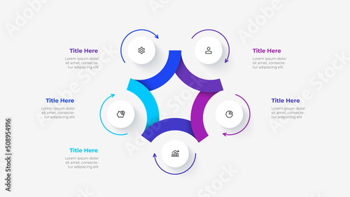 Cycle diagram divided into 5 segments. Concept of five options of business project infographic. Vector illustration for data analysis visualization.