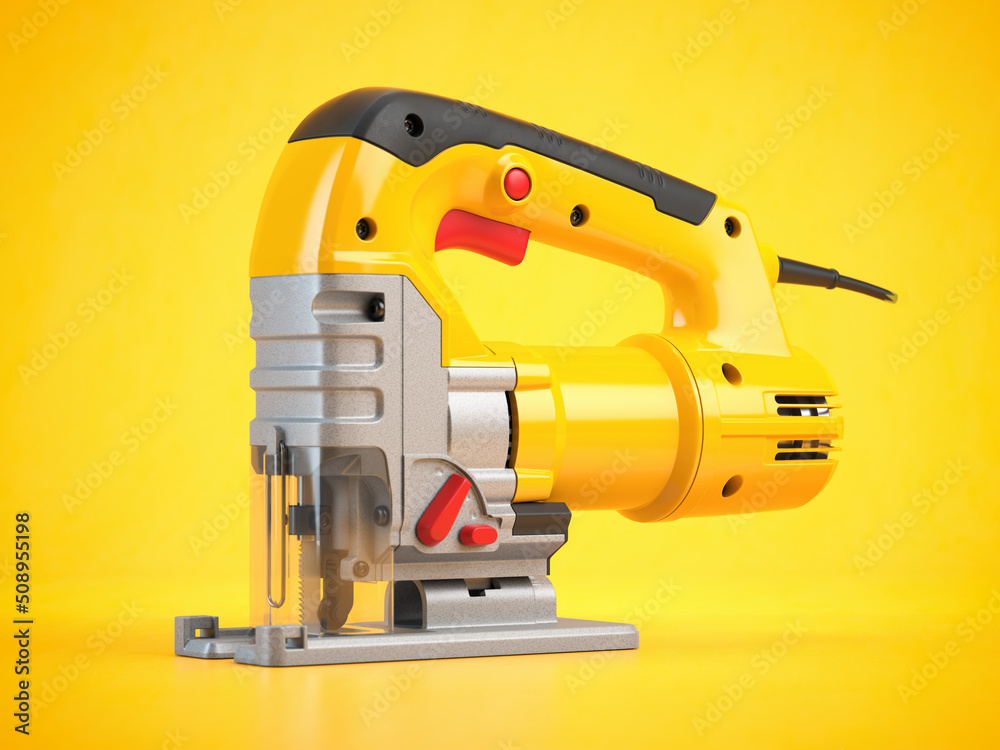 Yellow electric jigsaw on yellow background. Electric tool for carpenter. Yellow electric jigsaw on yellow background. Electric tool for carpenter.