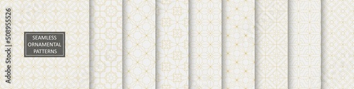 Collection of repeatable ornamental vector luxury patterns. Elegant white geometric oriental seamless backgrounds, symmetric textures