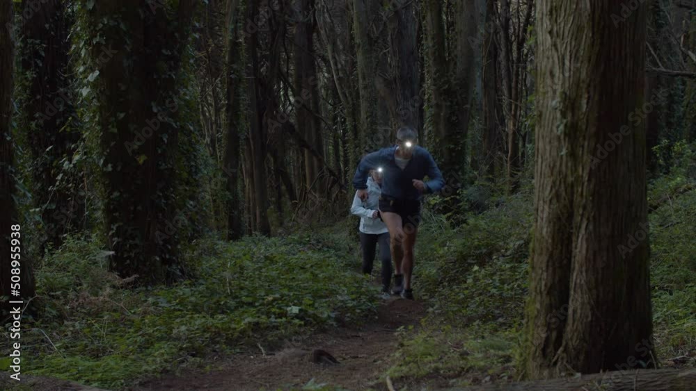 Runners with head torch running on trail in forest at dusk. Man and woman in sportswear jogging uphill, doing cardio workout together, spending time outdoor. Trail running, sport, hobby concept Runners with head torch running on trail in forest at dusk. Man and woman in sportswear jogging uphill, doing cardio workout together, spending time outdoor. Trail running, sport, hobby concept