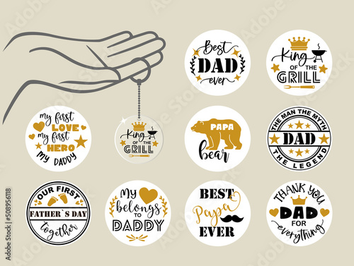 Happy Fathers Day lettering calligraphic compositions. Key Chain templates. Papa Bear, Best dad ever