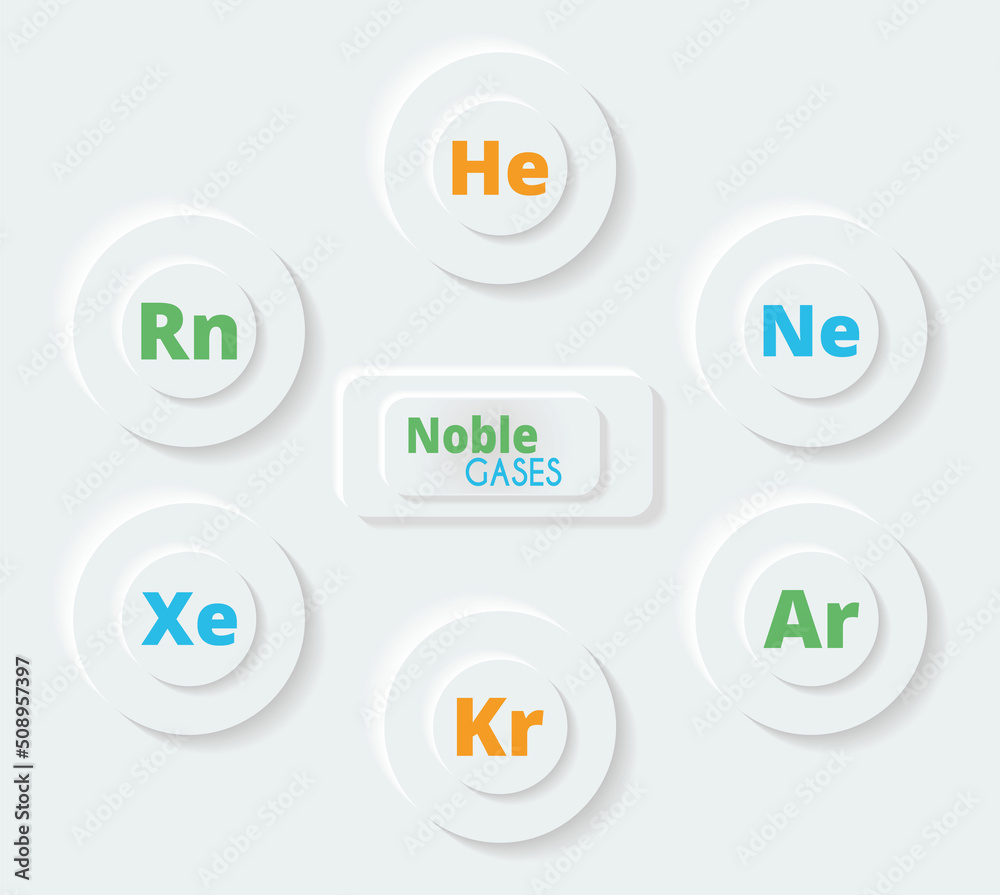 Noble gases. Vector illustration in neomorphism style. Helium, neon