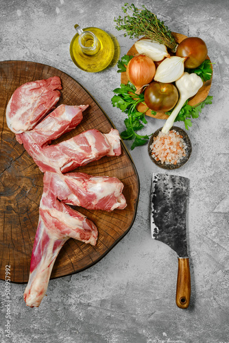 Raw lamb shoulder half cut, top view