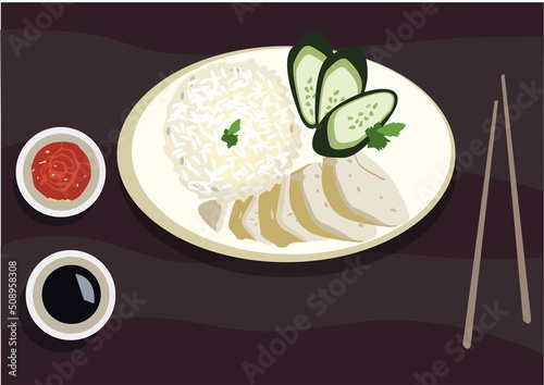 Chicken Rice cuisine popular in Malaysia and Singapore and originated from Hainan, China. Editable Clip Art.