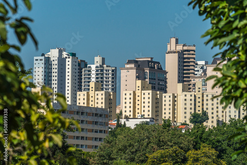 Cityscape showing buildings ,blue sky and tree branches ,Piracicaba SP Brazil . © Arnaldo Lameira