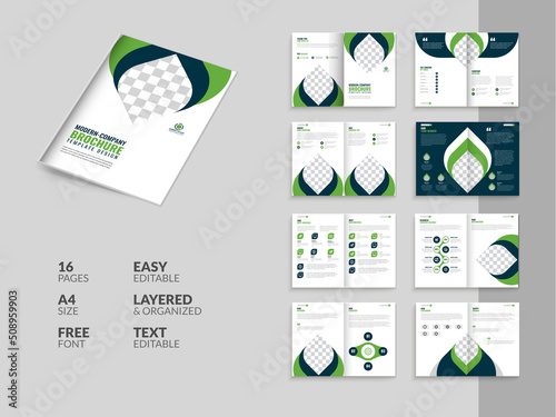 Professional profile multipage business brochure template layout design, 16 pages green color business profile brochure design, modern bi-fold brochure fully editable template