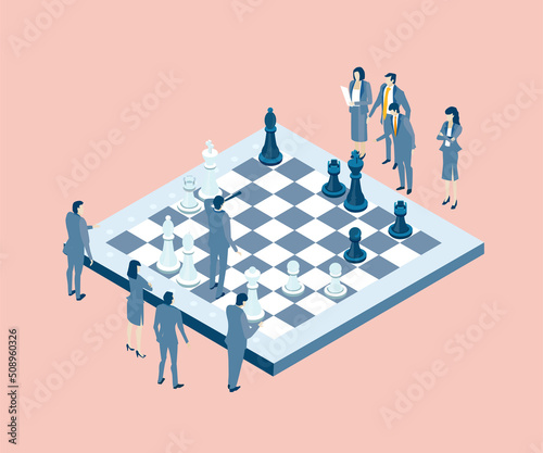 Business people playing chess. Isometric business environment. 