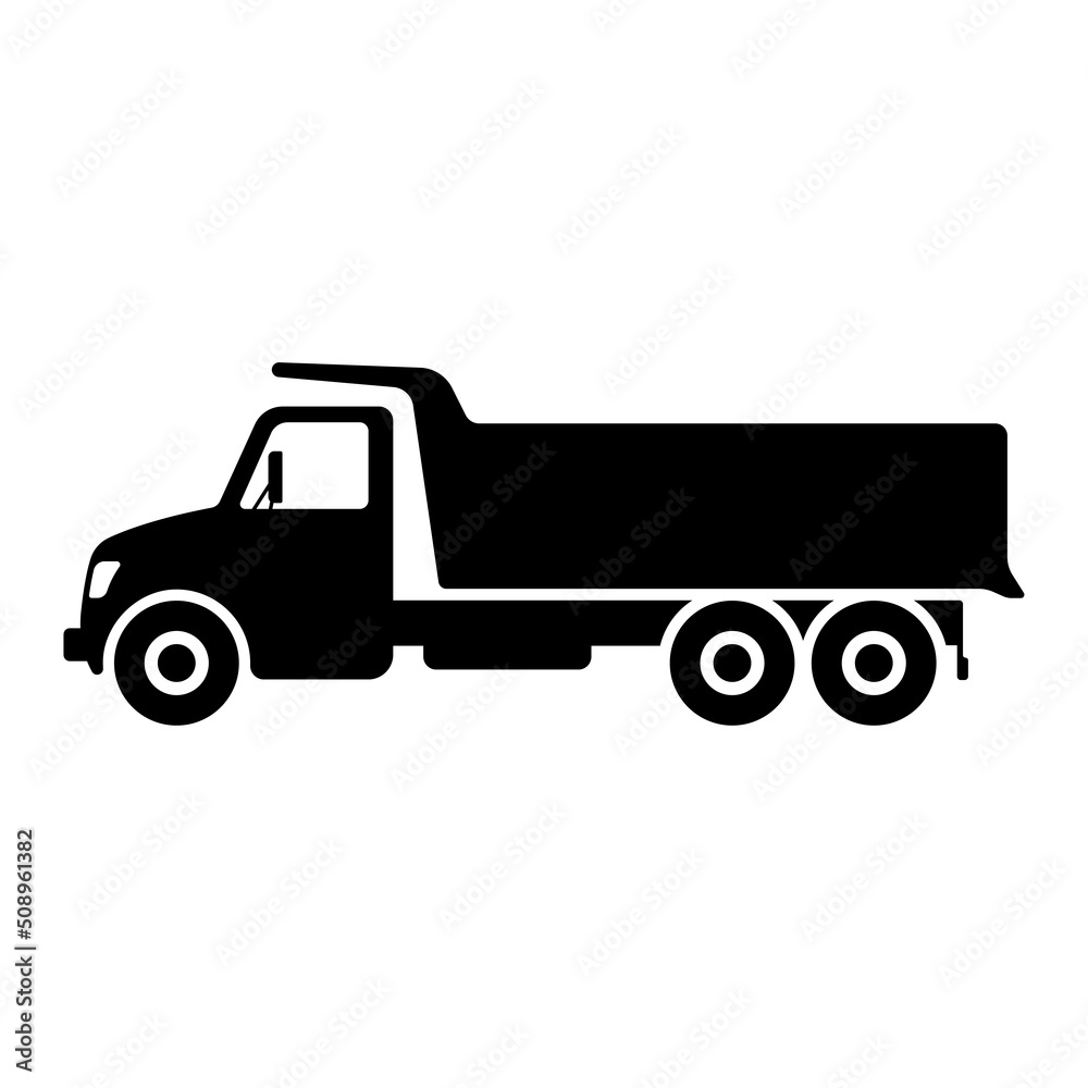 Dump truck icon. Black silhouette. Side view. Vector simple flat graphic illustration. Isolated object on a white background. Isolate. Dump truck icon. Black silhouette. Side view. Vector simple flat graphic illustration. Isolated object on a white background. Isolate.