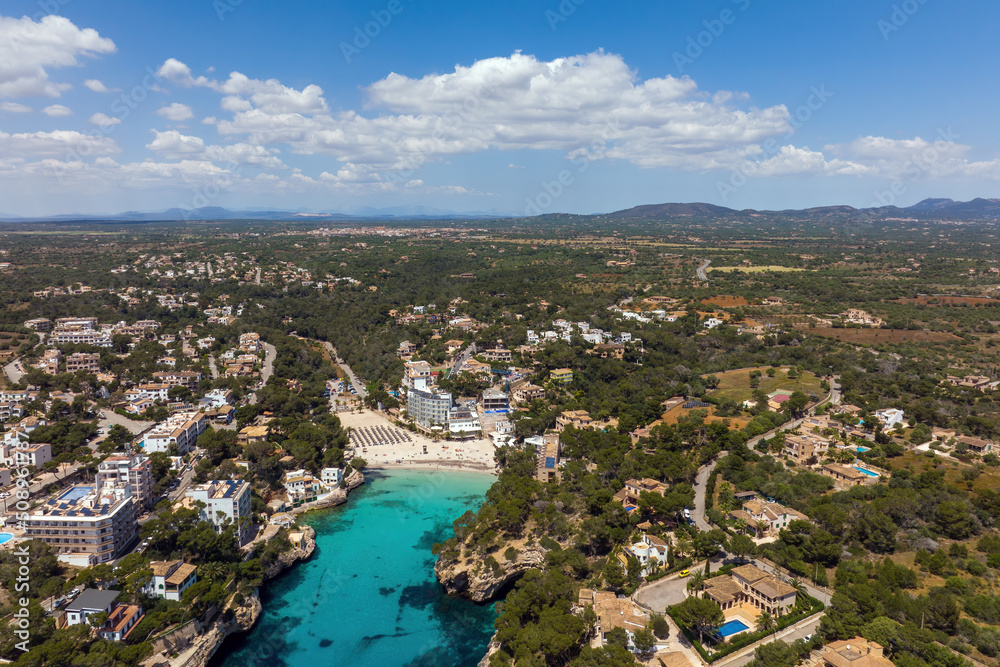 Aerial view of the beautiful beach in cala Santanyi on Mallorca, Spain