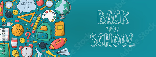 School horizontal banner decorated with doodles and lettering quote. Good for templates, social media design, prints, cards, invitation, bookmarks, sale design, etc. EPS 10