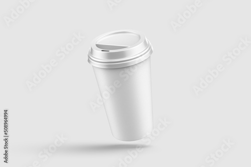 Paper coffee cup with plastic cap mockup template, isolated on light grey background. High resolution.