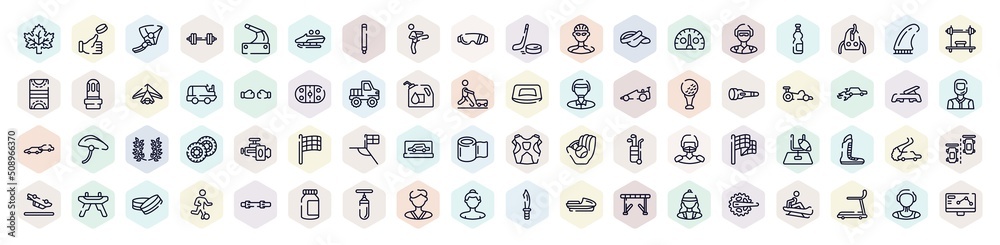 racing outline icons set. thin line icons such as m leaf, hang glider, kicking, kmh, punching, kart racing, football flag, drifting, null icon.