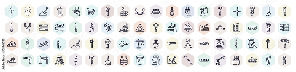 carpentry diy tools outline icons set. thin line icons such as garden trowel, sand, tubes hook, small crane, bread knife, rectangles, stopping, sliding scale, paint can open icon. carpentry diy tools outline icons set. thin line icons such as garden trowel, sand, tubes hook, small crane, bread knife, rectangles, stopping, sliding scale, paint can open icon.