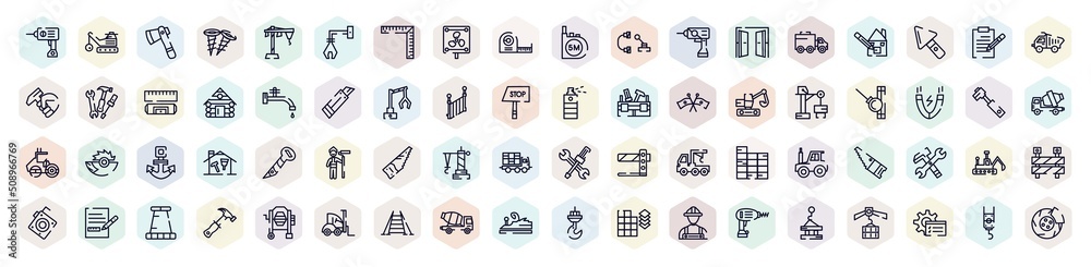 work tools outline icons set. thin line icons such as hine drill, inclined ax, vent, doors open, stopcock, demolishing ball, saw hand drawn tool, construction excavator, wood brush tool work tools outline icons set. thin line icons such as hine drill, inclined ax, vent, doors open, stopcock, demolishing ball, saw hand drawn tool, construction excavator, wood brush tool