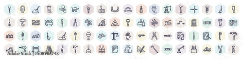 carpentry diy tools outline icons set. thin line icons such as garden trowel, sand, tubes hook, small crane, bread knife, rectangles, stopping, sliding scale, paint can open icon.