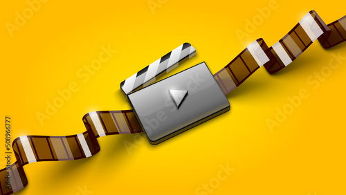 Online cinema art movie Poster design with clapper and film-strip reel tape on yellow background. Cinematography concept. Icon for film festival poster. Vector illustration.