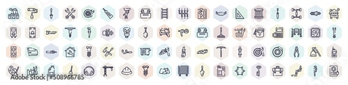 engineering outline icons set. thin line icons such as wastes, garage screwdriver, nuts and bolts, null, adjustable spanner, mathematics, micrometer, dustpan and brush, windshield icon.