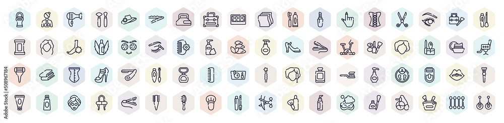 beautiful outline icons set. thin line icons such as roll on deodorant, hairdryer facing left, vanity case, finger with nail, cucumber slices on face, woman face, matte powder, woman lips, gloss, beautiful outline icons set. thin line icons such as roll on deodorant, hairdryer facing left, vanity case, finger with nail, cucumber slices on face, woman face, matte powder, woman lips, gloss,