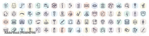 plastic surgery outline icons set. thin line icons such as sex reas, thigh, nail brush, bathroom scale, blepharoplasty, deodorant, shaving, mastopexy, cotton swab icon.